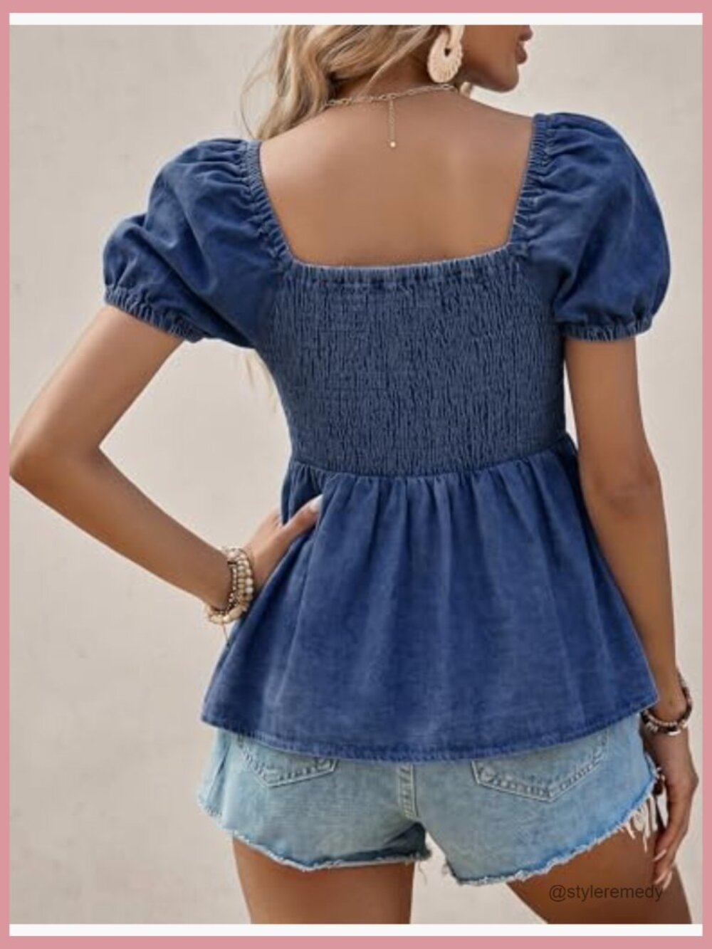 Square Neck Puff Sleeve Denim Top Blouse Button Down Shirt - Picture 4 of 7